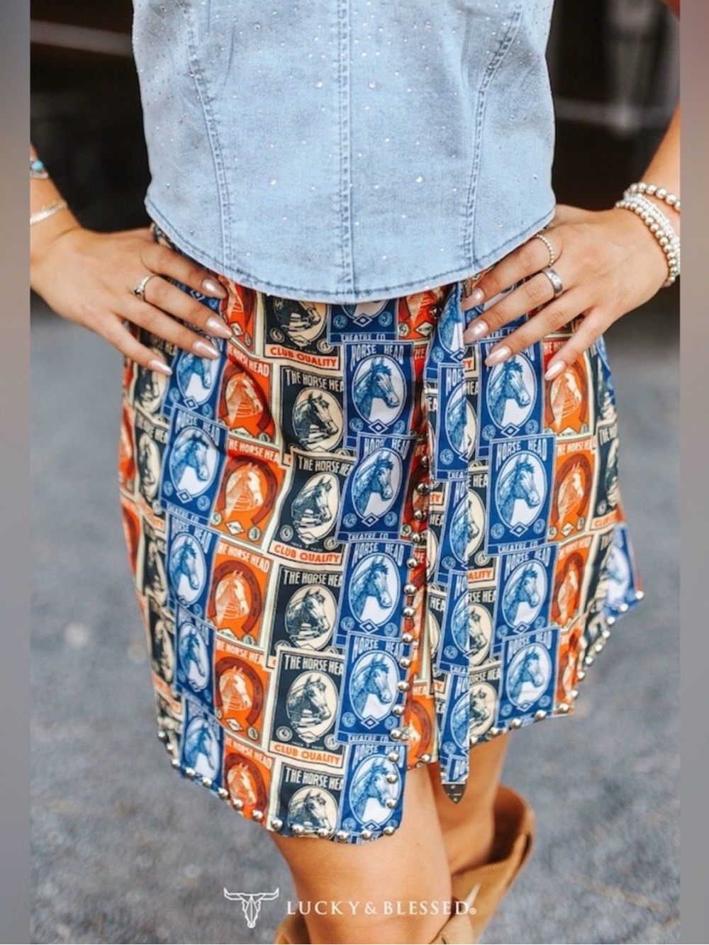 Lucky & Blessed NWT Western theme Hugh Rise Studded Belt Skirt / Skorts, Size SM